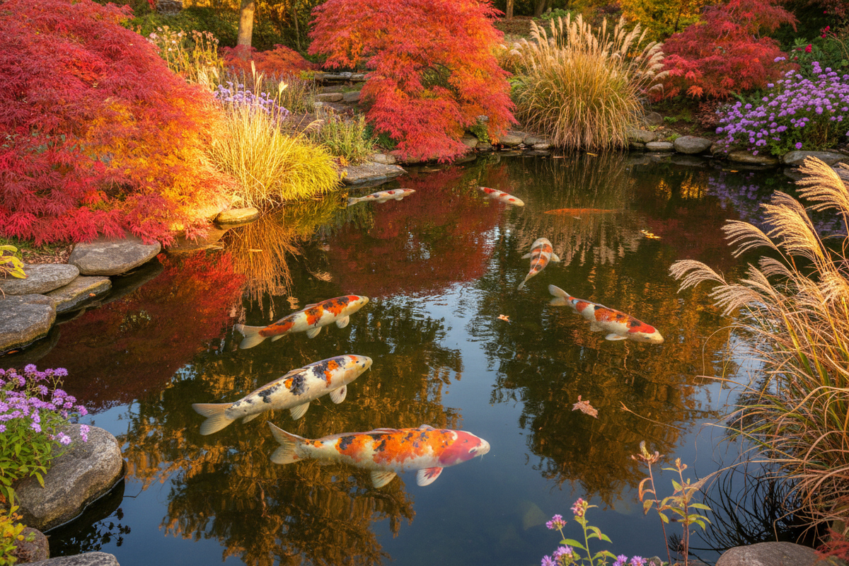 Crystal clear koi pond in autumn with vibrant orange and white koi swimming near the surface