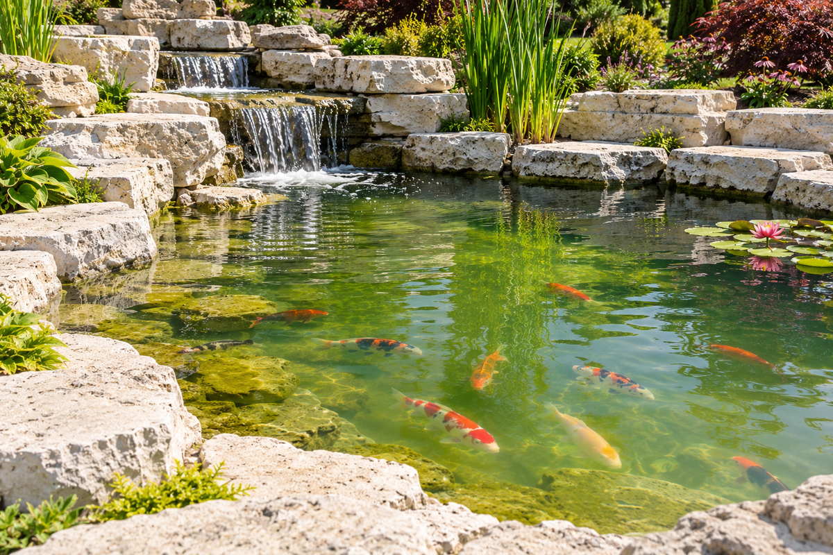Natural pond stones near the water edge