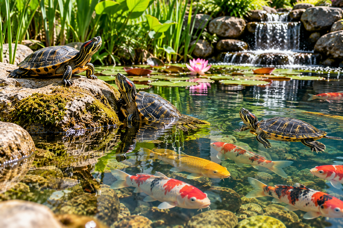 Turtle resting beside a pond with koi fish