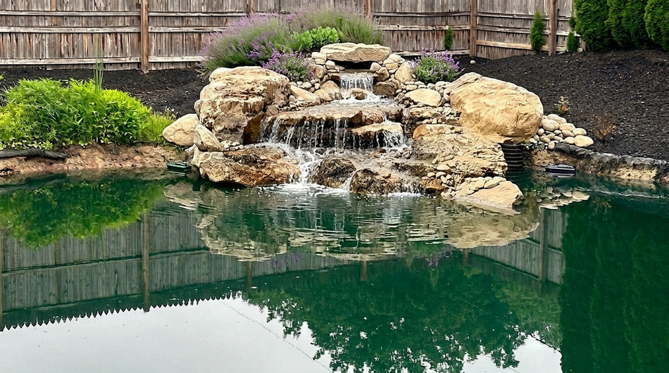 PondScape Custom Waterfall - Take up the 6' area, single waterfall start and another waterfall into the pond - Includes pump vault, one pump, using boulders supplied by customer, using topsoil suppled by customer