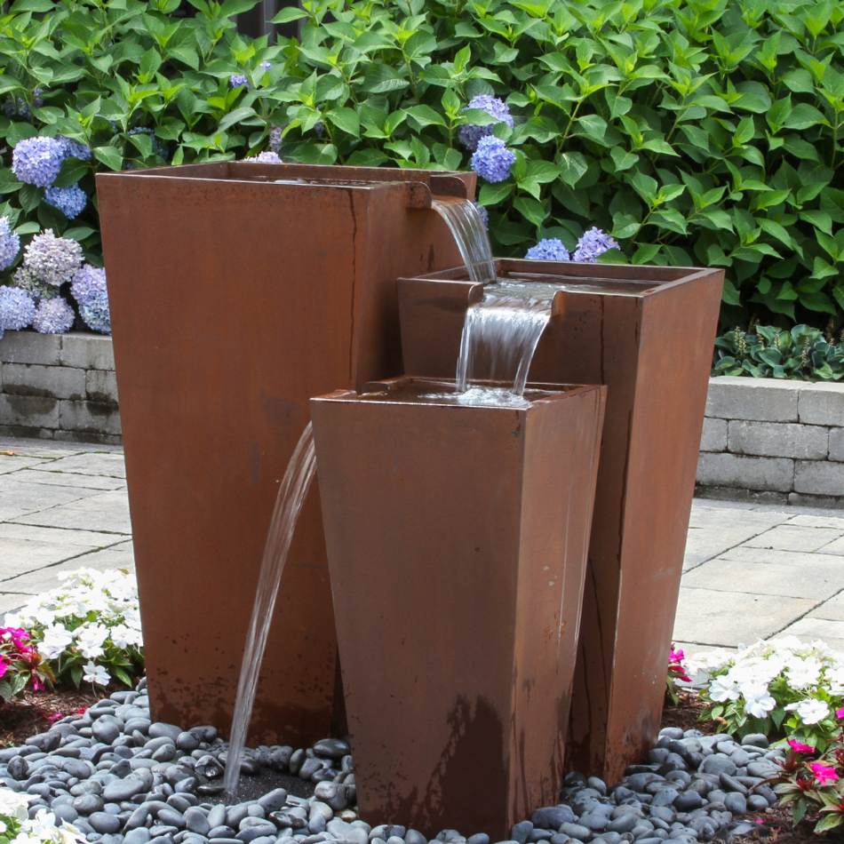 Blue Thumb Triple Corten Steel Rusted Fountain Urn Kit - Thumbnail 3