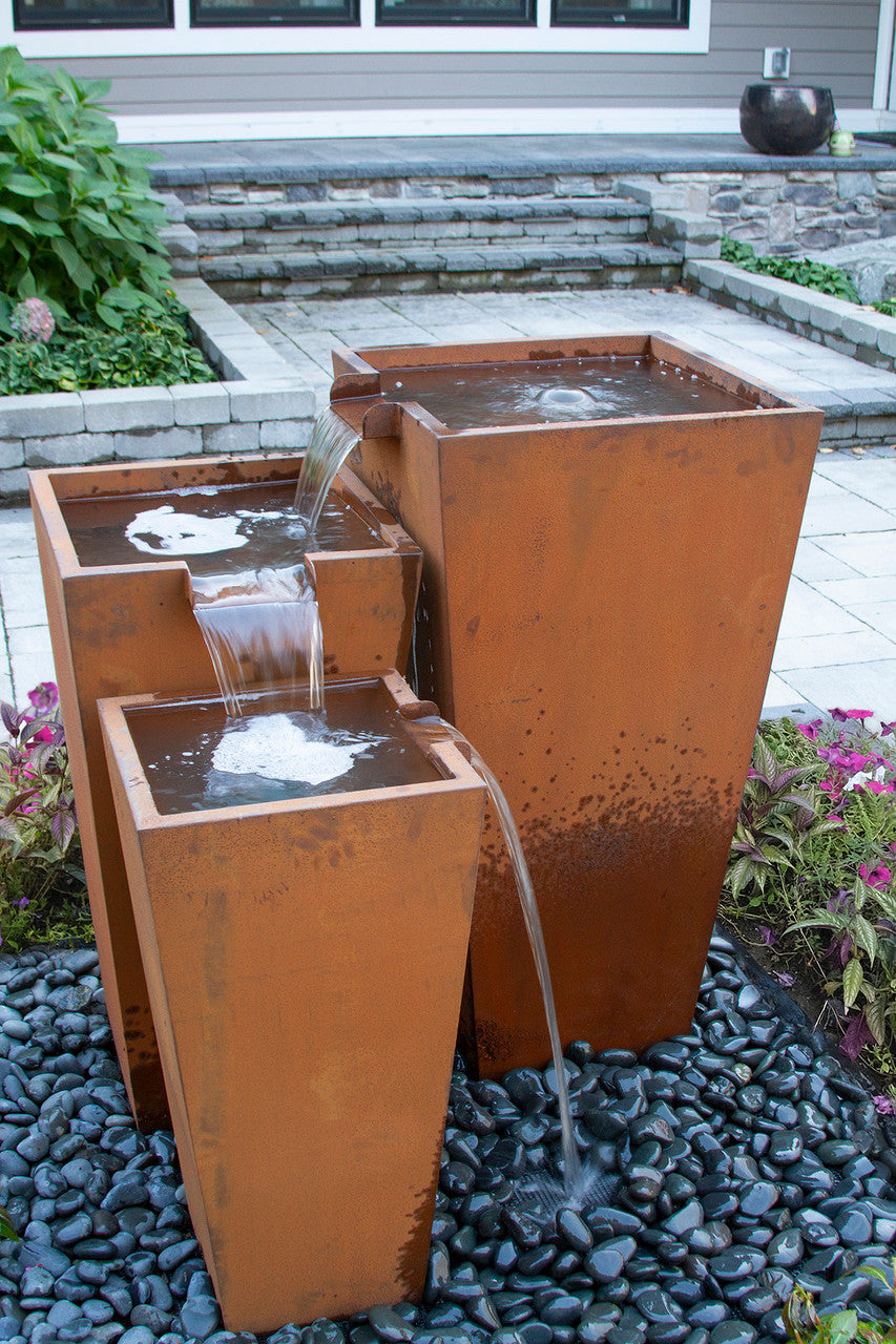 Blue Thumb Triple Corten Steel Rusted Fountain Urn Kit - Thumbnail 4